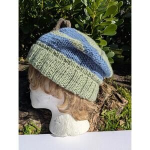 Handmade Knit Beanie Green Blue Striped Winter Hat Unisex
